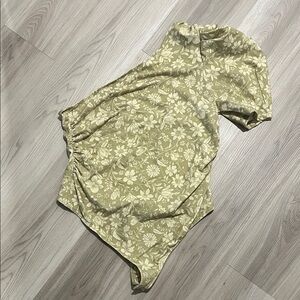 Free People Floral Short Sleeve Bodysuit in Sage Green and Cream